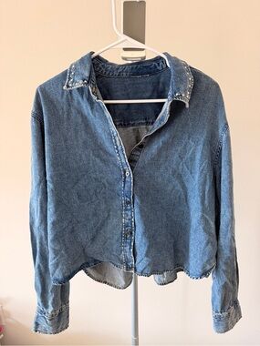 H&M Blue Denim Button-Up Shirt with Studded Collar